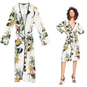 Zara White Floral Botanical Print Belted Resort Kimono Coverup Dress Size Small